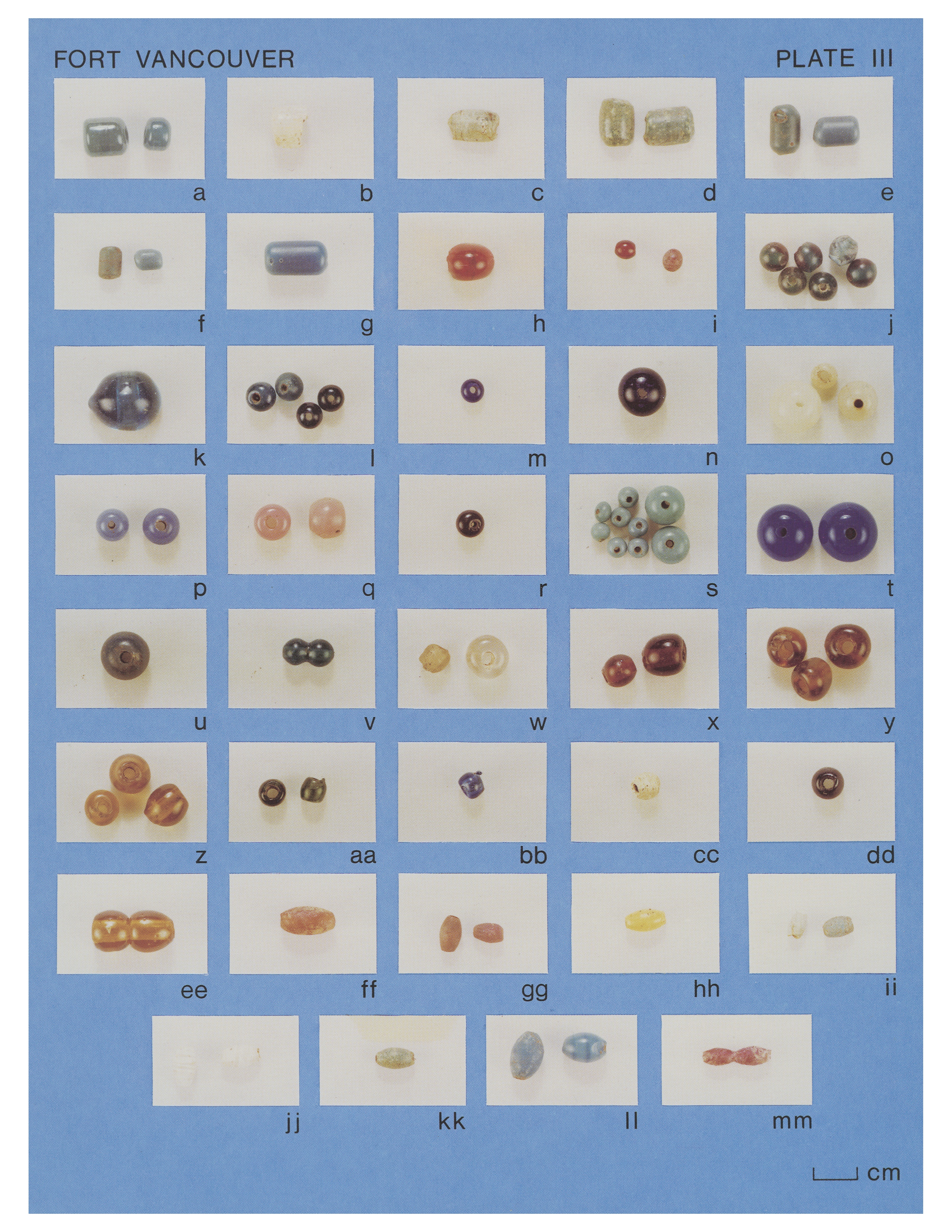 Plate IIIA Fort Vancouver: Wound glass beads: a, Wla-ctls/1-1; b, Wla-cop-1; c, Wla-cops-1; d, Wla-copl-1; e, Wla-copl-2; f, Wla-copl-3; g, Wla-sclopl-1; h, Wlb-stps-1; i, Wlb-stps/1-2; j, Wlb-stps/1-3; k, Wlb-stps-4; l, Wlb-stps-5; m, Wlb-stps-6; n, Wlb-stps-7; o, Wlb-stls-1; p, Wlb-stls-2; q, _Wlb-stls-3; r, Wlb-sops-1; s, Wlb-stp/tl/ops/1-2; t, Wlb-sops-3; u, Wlb-sops-4; v, Wlb-jstpl-1; w, Wlc-btps-1; x, Wlc-btps/1-2; y, Wlc-btps/1-3; z, Wlc-btps/1-4; aa, Wlc-btps-5; bb, Wlc-btps-6; cc, Wlc-bops-1; dd, Wlc-bops-2; ee, Wlc-jbtpl-1; ff, Wlc-etpl-1; gg, Wlc-etpl-2; hh, Wlc-etll-1; ii, Wlc-etll-2; jj, Wlc-eopl-1; kk, Wlc-eopl-2; 11, Wlc-eopl-3; mm, Wlc-jetpl-1 (photos by L. Ross).