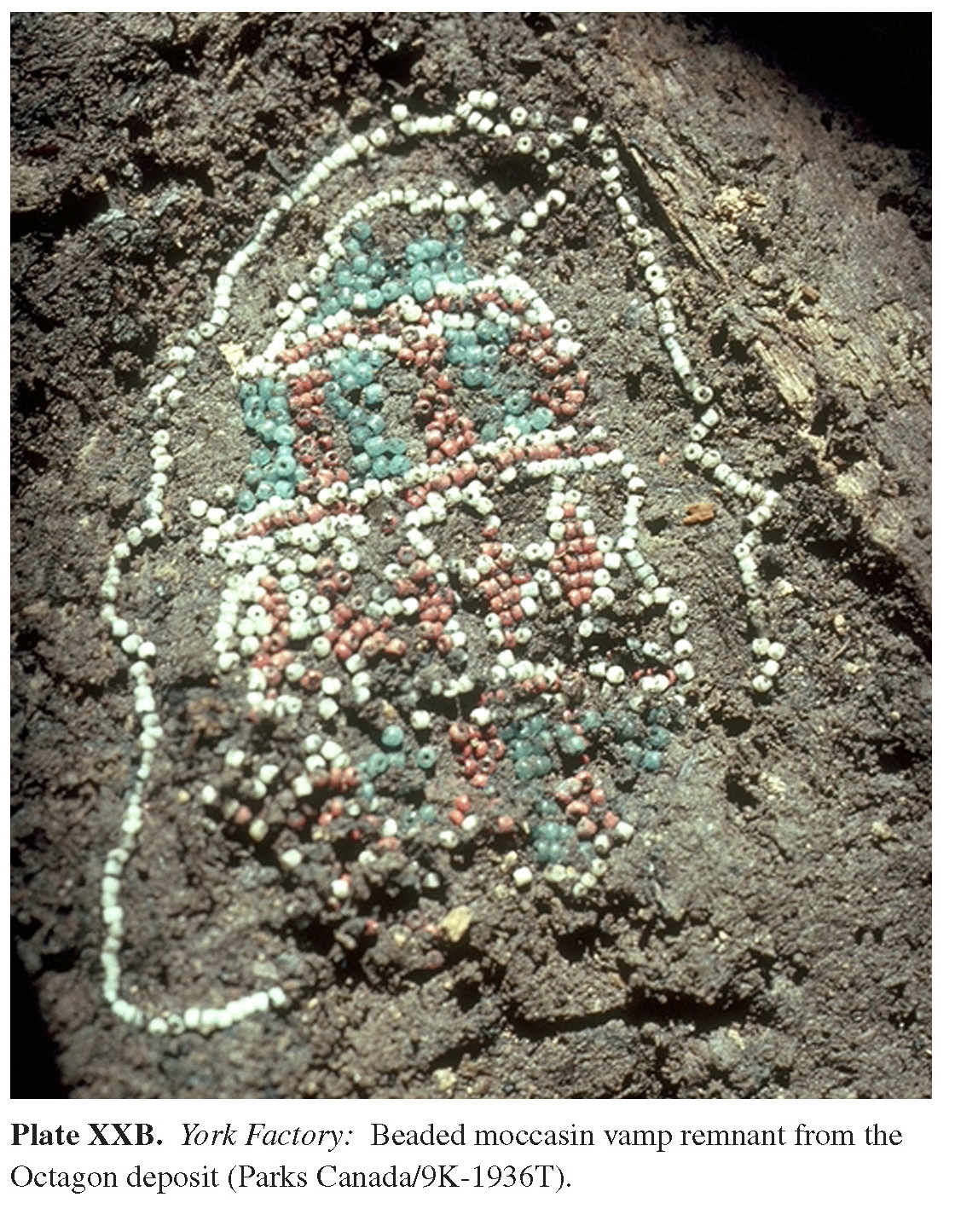 Plate XXB York Factory: Beaded moccasin vamp remnant from the Octagon deposit (Parks Canada/9K-1936T).