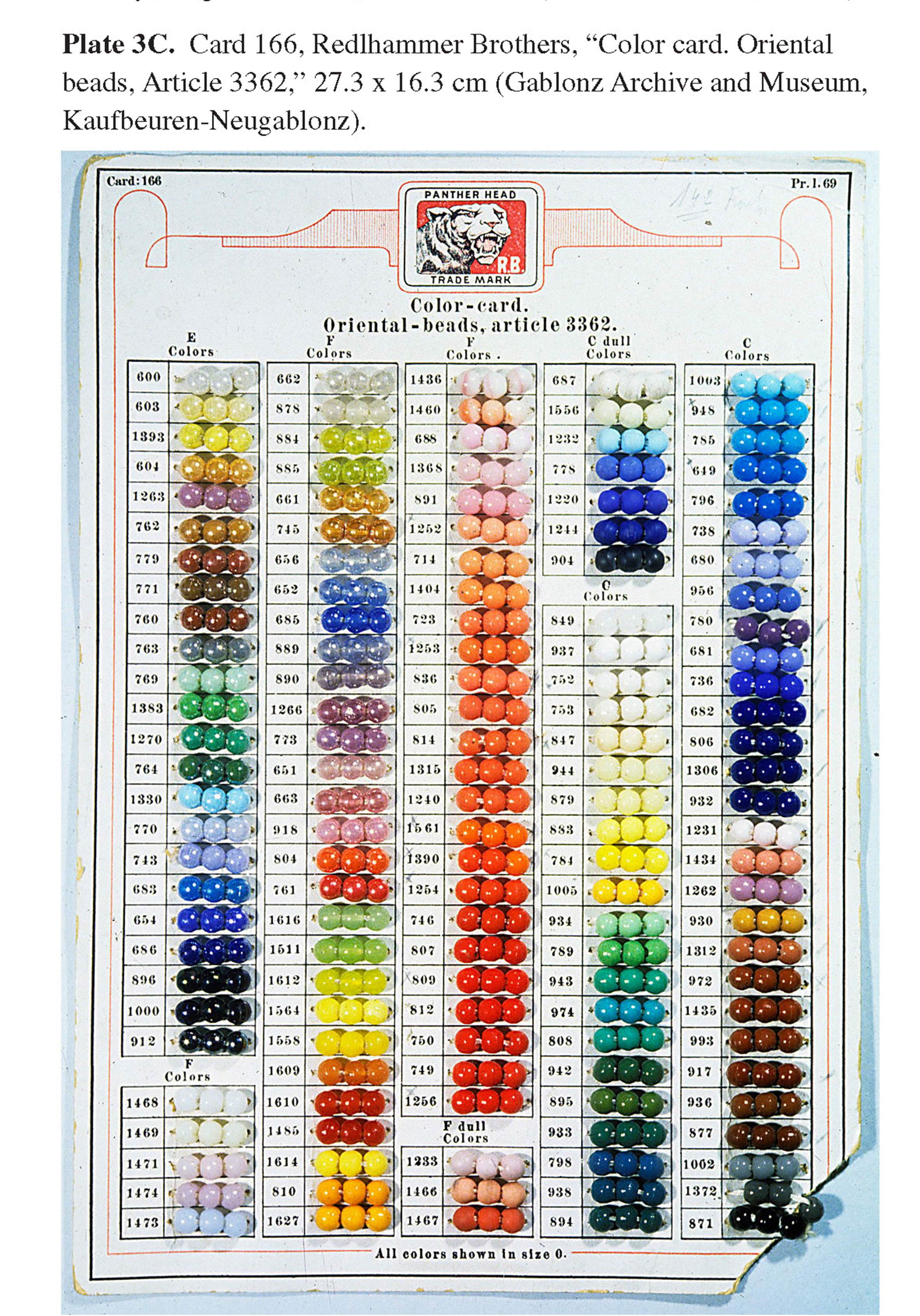 Plate 3C Card 166, Redlhammer Brothers, “Color card. Oriental beads, Article 3362,” 27.3 x 16.3 cm (Gablonz Archive and Museum, Kaufbeuren-Neugablonz). 