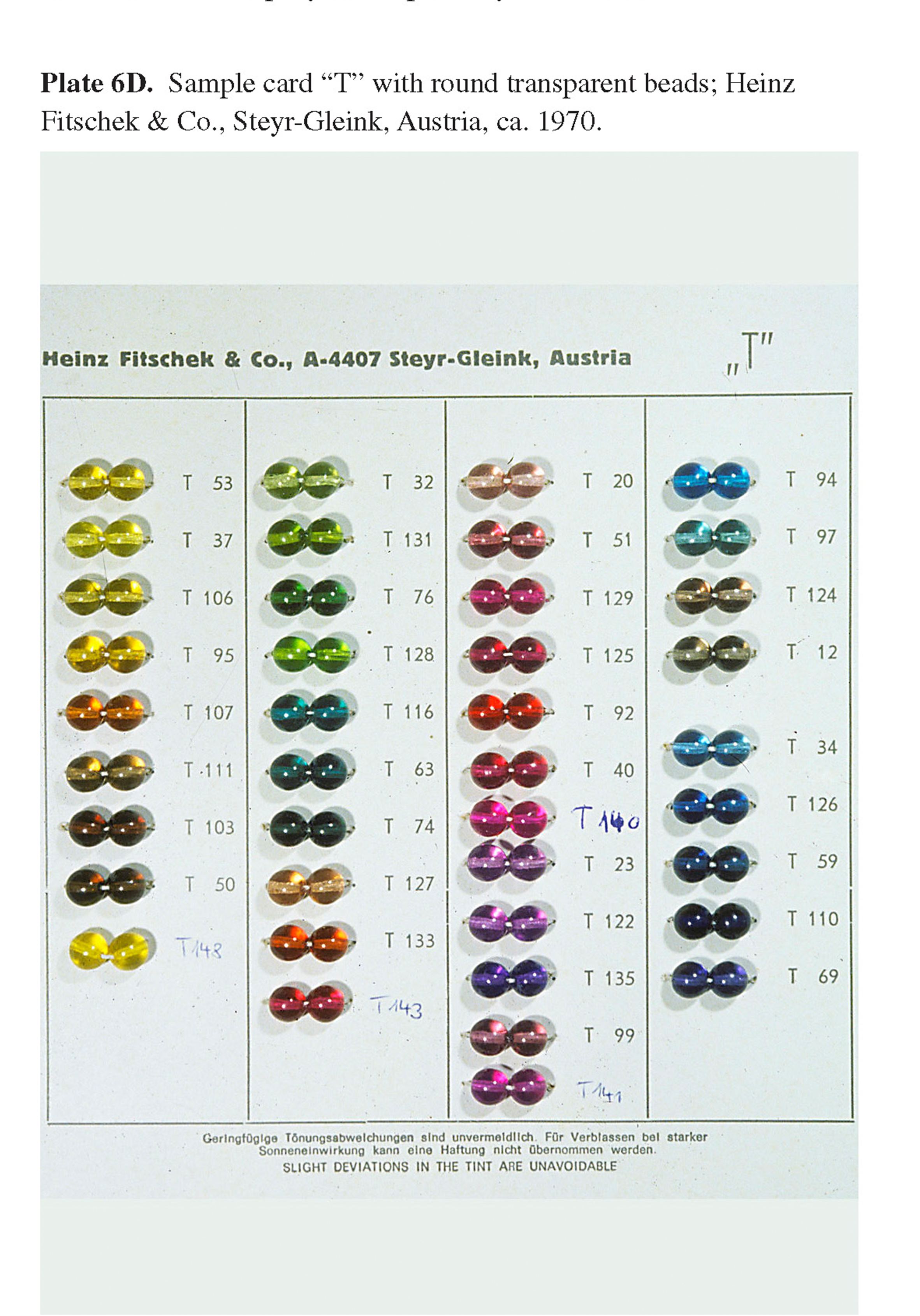 Plate 6D Sample card “T” with round transparent beads; Heinz Fitschek & Co., Steyr-Gleink, Austria, ca. 1970.