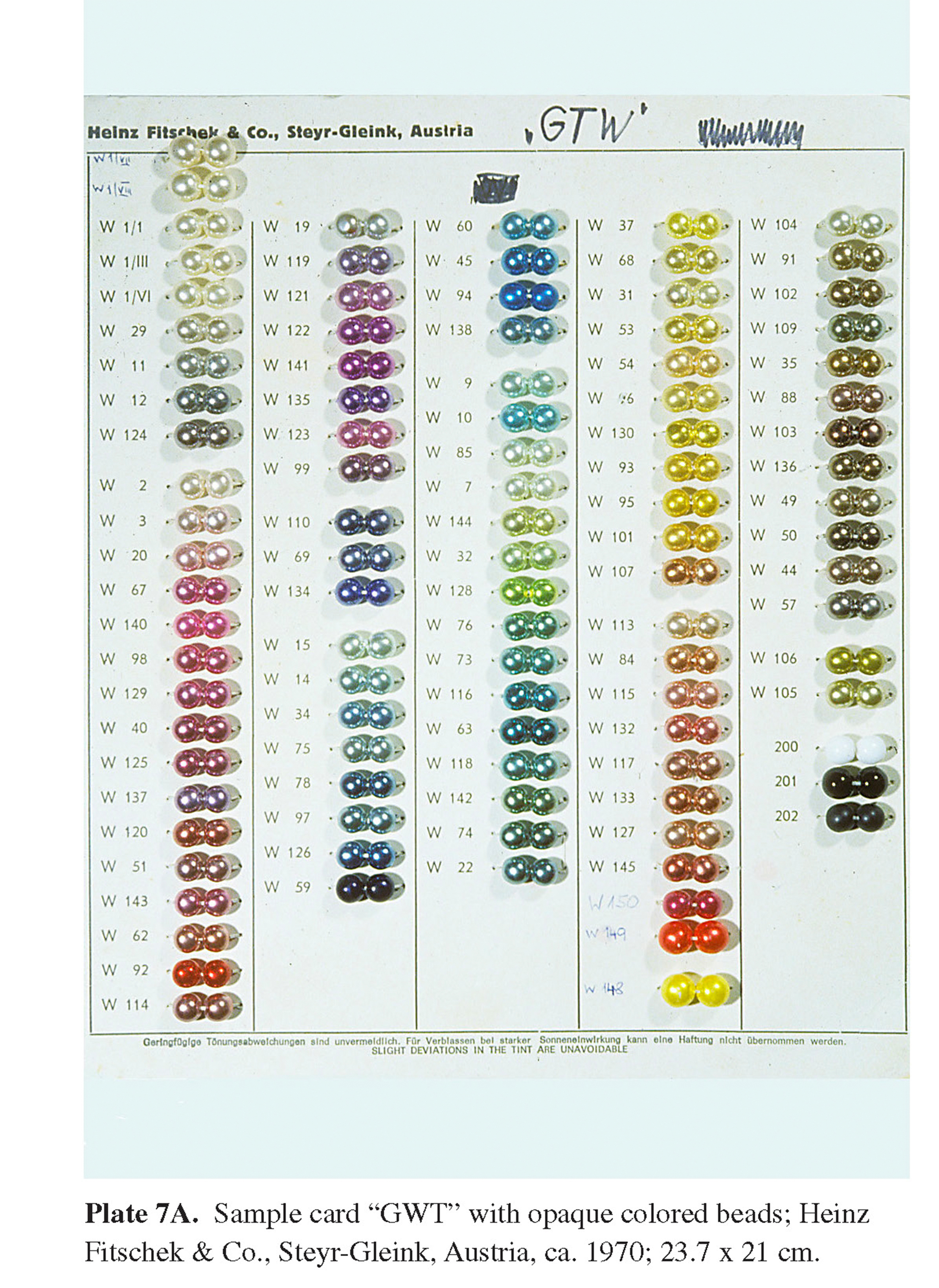 Plate 7A Sample card “GWT” with opaque colored beads; Heinz Fitschek & Co., Steyr-Gleink, Austria, ca. 1970; 23.7 x 21 cm.