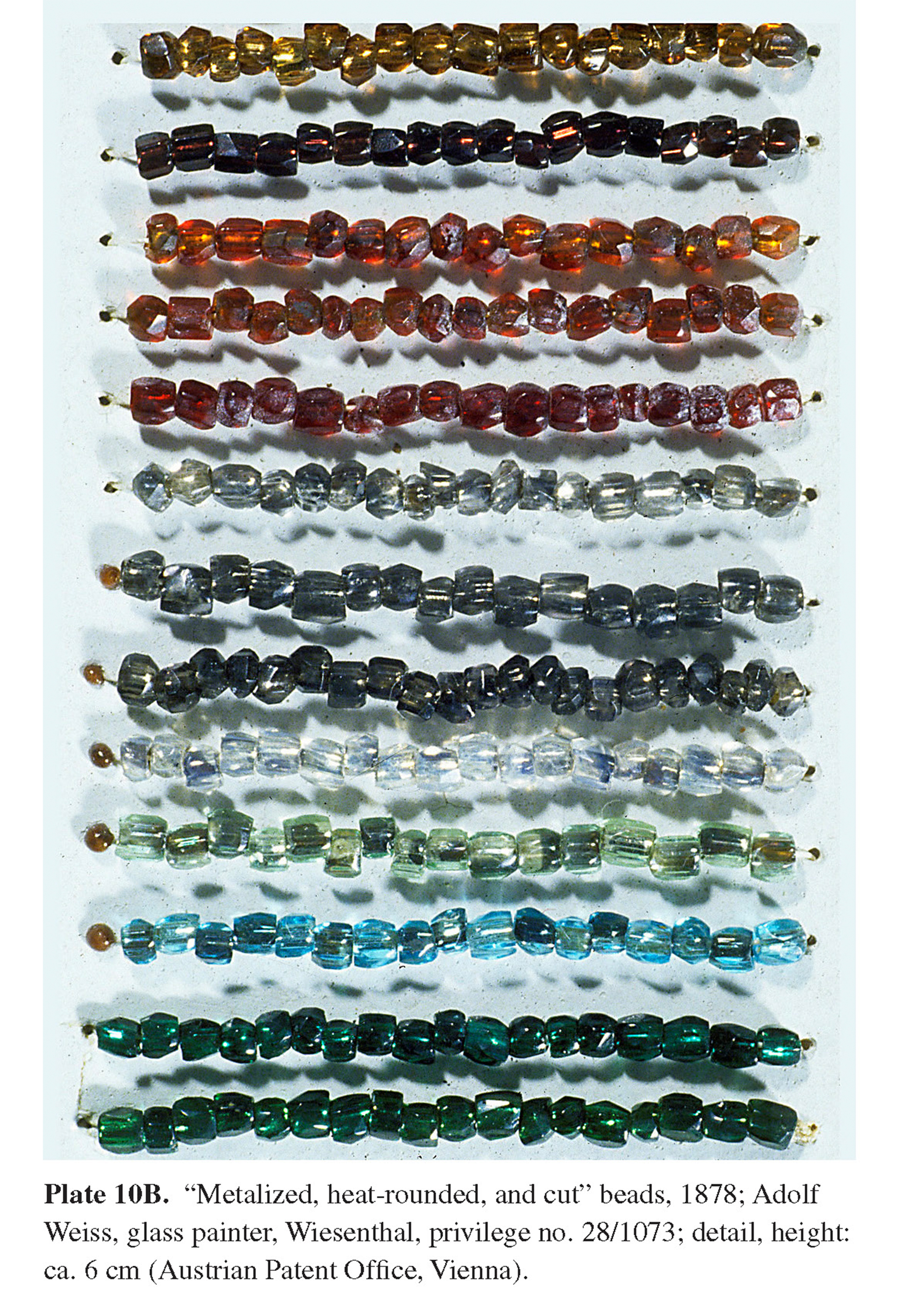 Plate 10B “Metalized, heat-rounded, and cut” beads, 1878; Adolf Weiss, glass painter, Wiesenthal, privilege no. 28/1073; detail, height: ca. 6 cm (Austrian Patent Office, Vienna).
