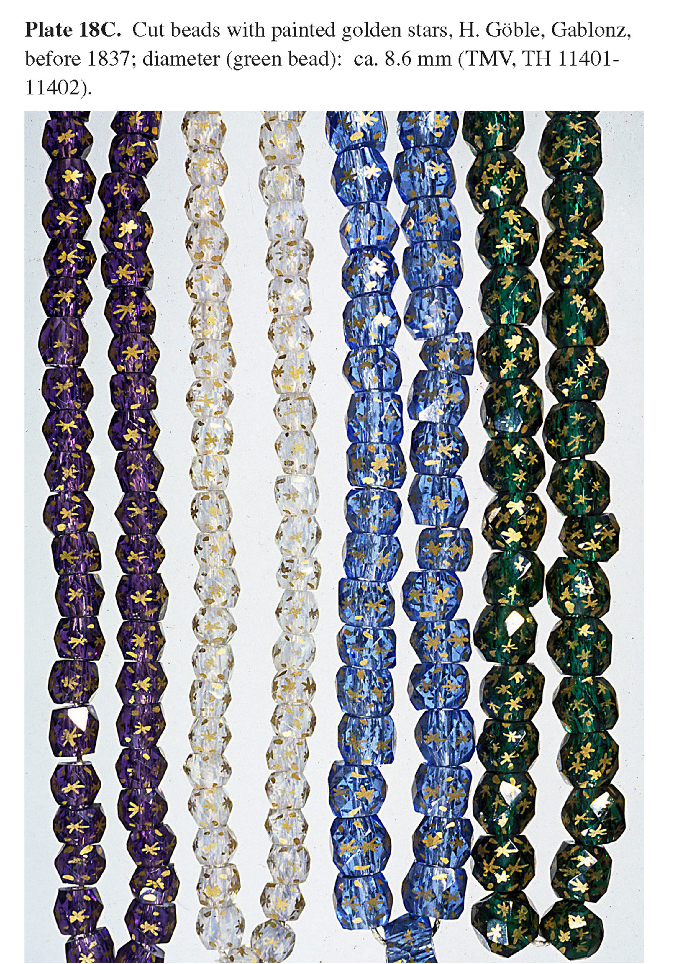 Plate 18C Cut beads with painted golden stars, H. Göble, Gablonz, before 1837; diameter (green bead): ca. 8.6 mm (TMV, TH 11401- 11402).