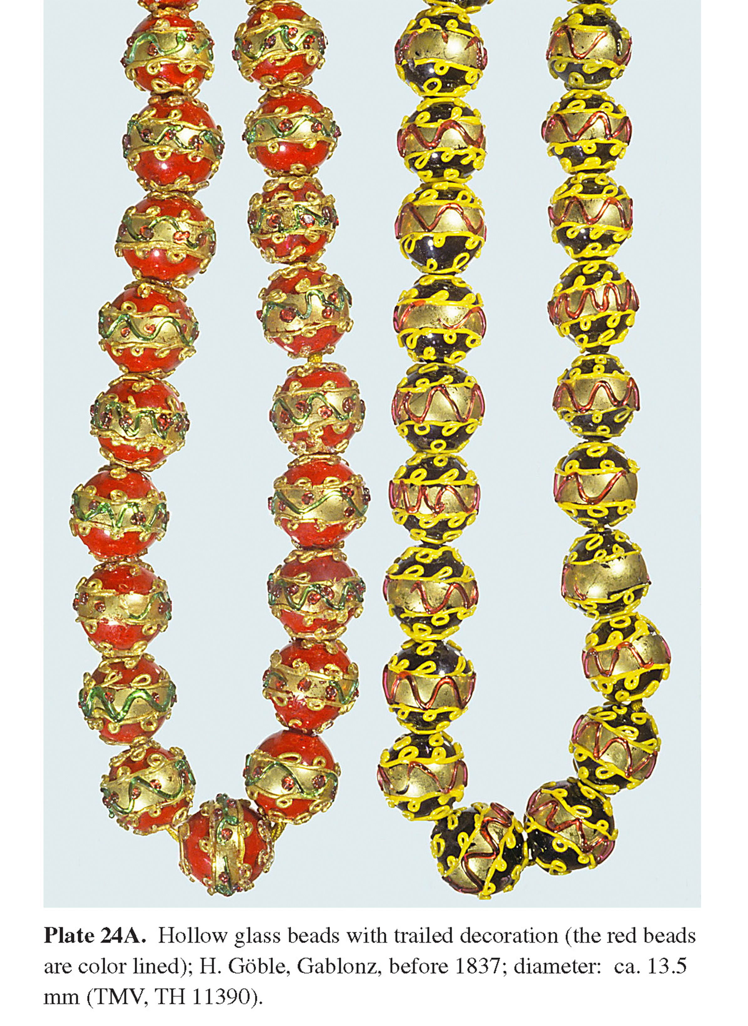 Plate 24A Hollow glass beads with trailed decoration (the red beads are color lined); H. Göble, Gablonz, before 1837; diameter: ca. 13.5 mm (TMV, TH 11390).