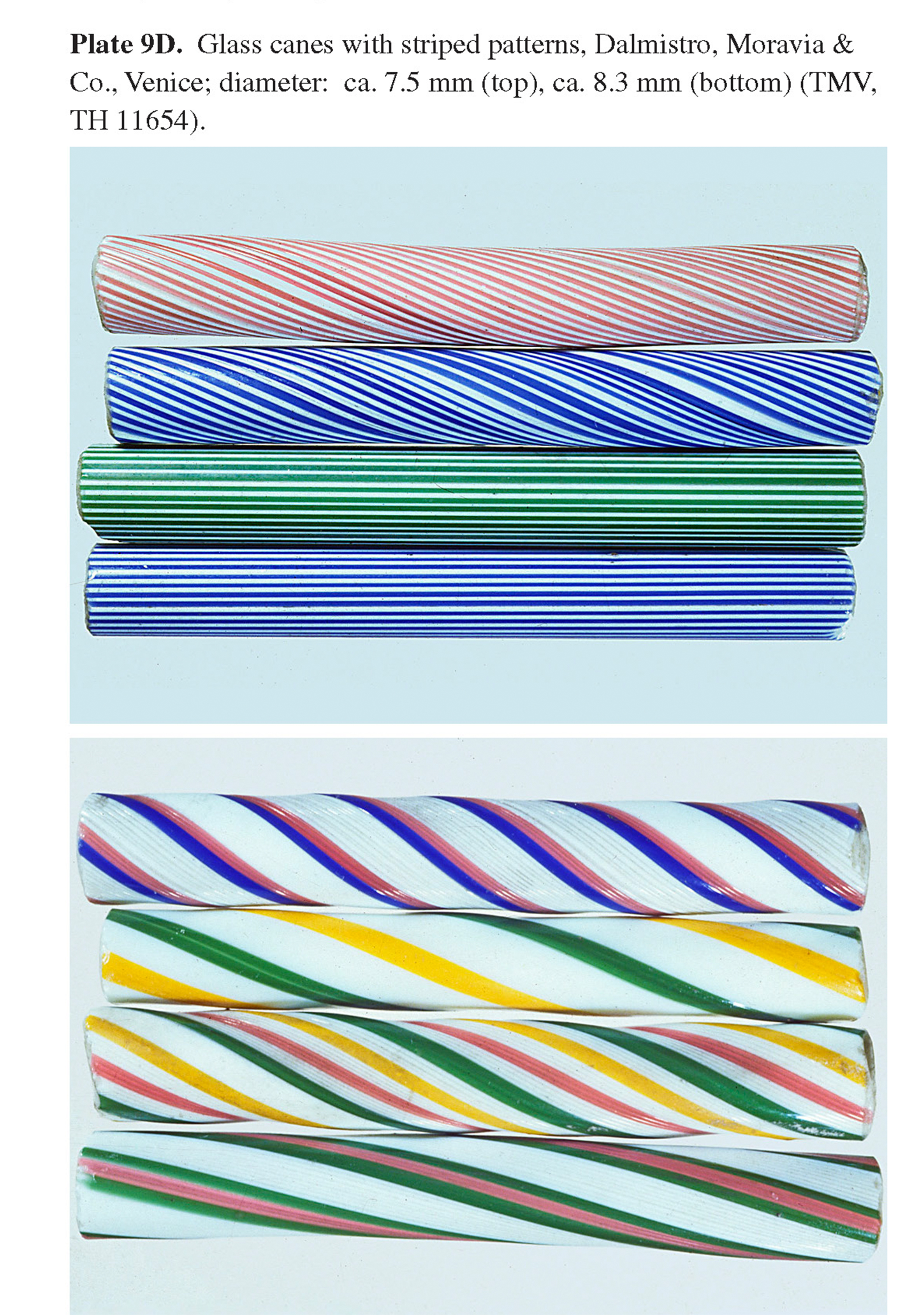 Plate 9D Glass canes with striped patterns, Dalmistro, Moravia & Co., Venice; diameter: ca. 7.5 mm (top), ca. 8.3 mm (bottom) (TMV, TH 11654).