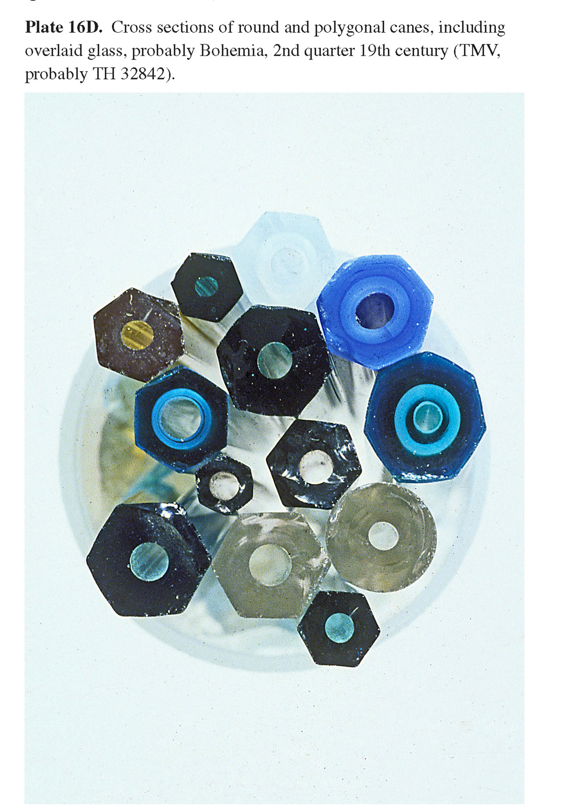 Plate 16D Cross sections of round and polygonal canes, including overlaid glass, probably Bohemia, 2nd quarter 19th century (TMV, probably TH 32842).