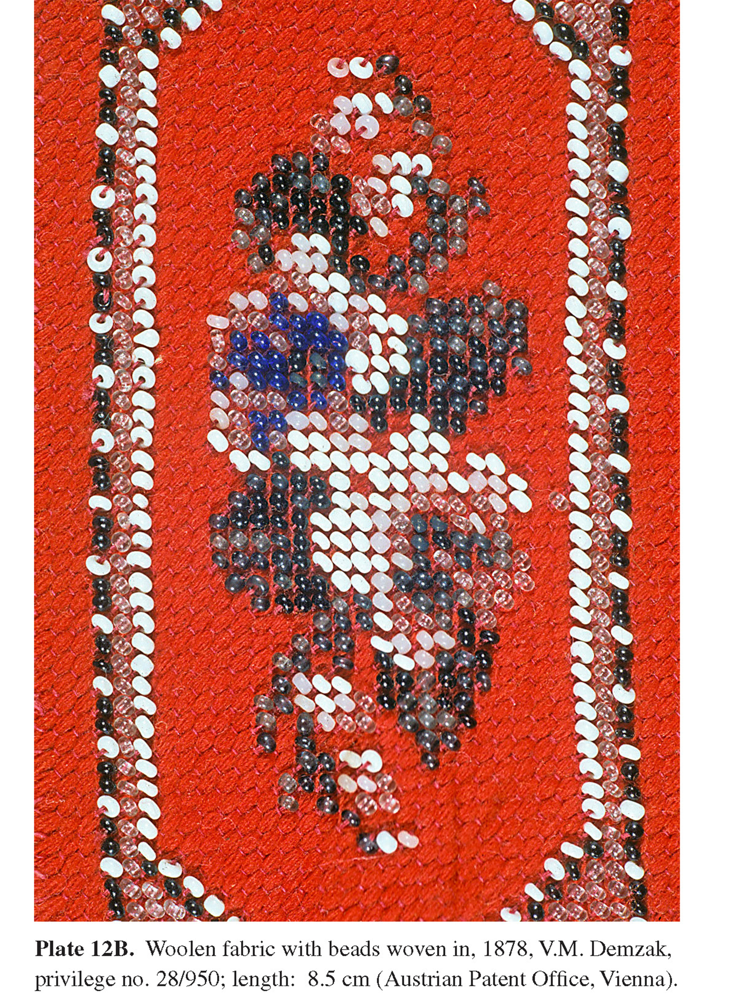 Plate 12B Woolen fabric with beads woven in, 1878, V.M. Demzak, privilege no. 28/950; length: 8.5 cm (Austrian Patent Office, Vienna).