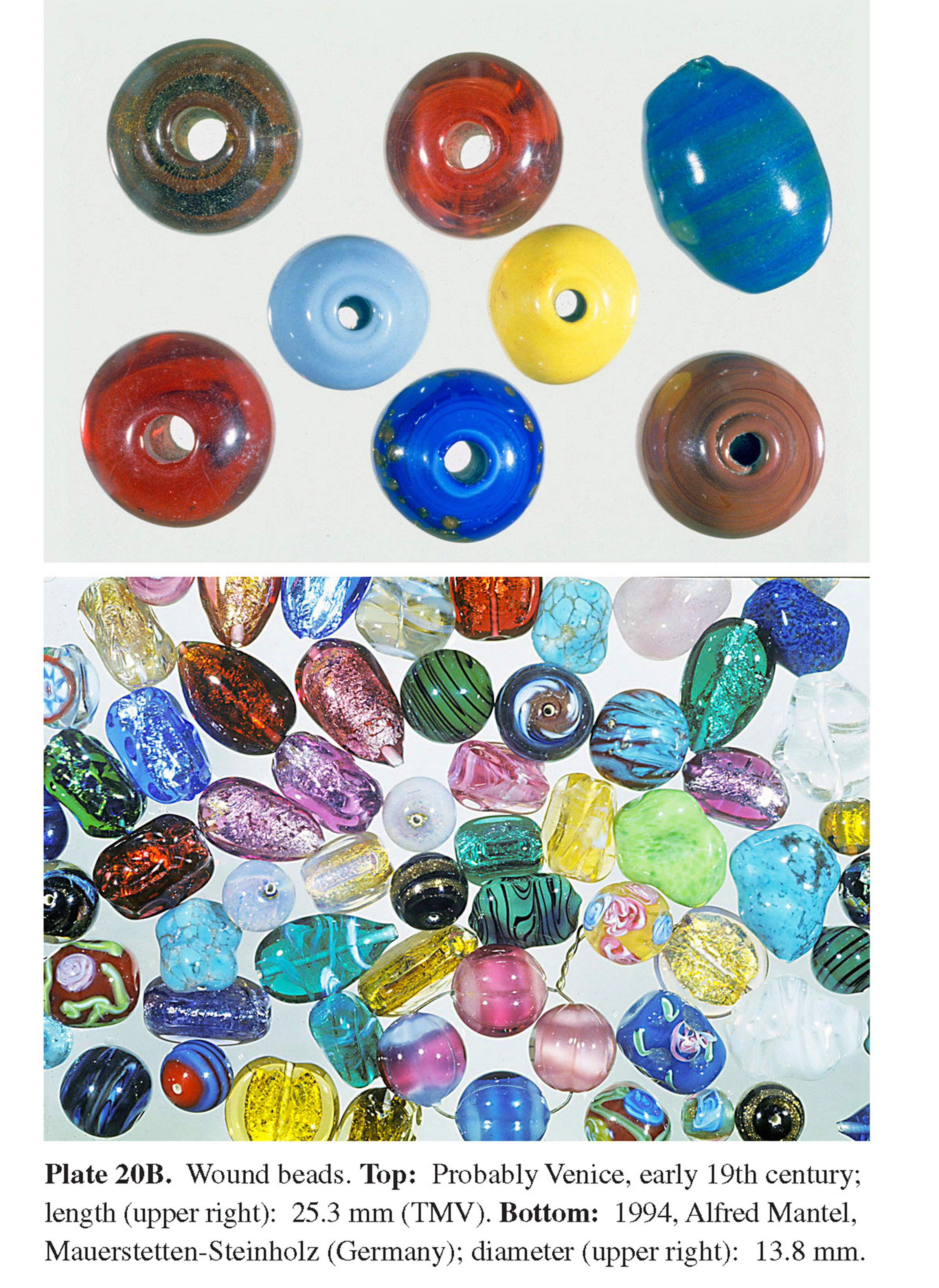 Plate 20B Wound beads. Top: Probably Venice, early 19th century; length (upper right): 25.3 mm (TMV). Bottom: 1994, Alfred Mantel, Mauerstetten-Steinholz (Germany); diameter (upper right): 13.8 mm.
