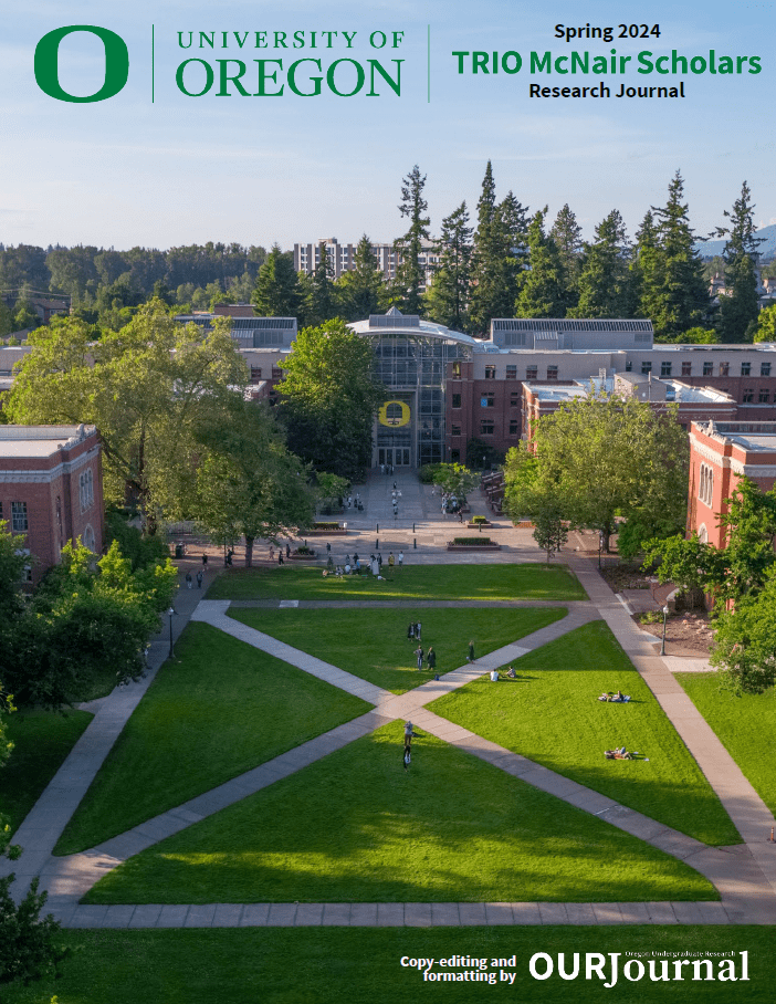 Spring 2024 TRIO McNair Scholars Research Journal Cover. UO Campus courtyard.